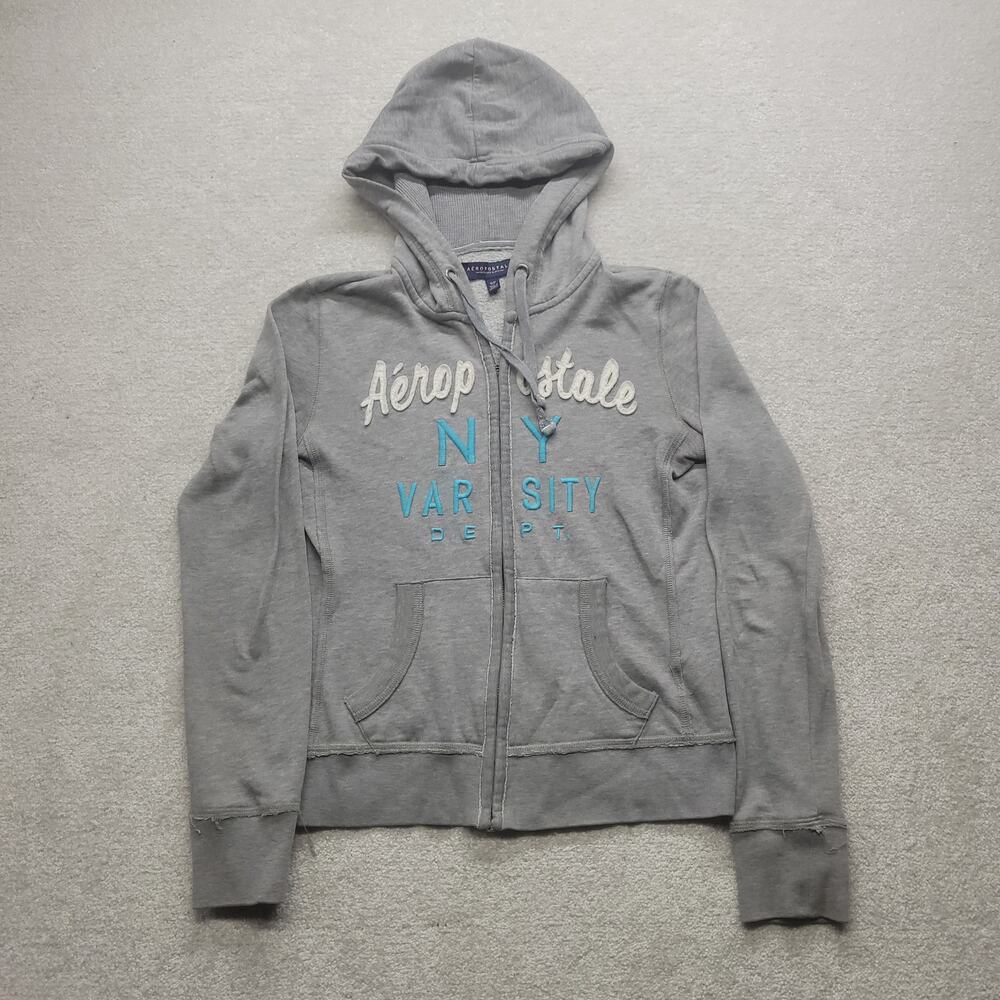 Aeropostale Womens S Gray Full Zip Hoodie Varsity Dept Embroidered Sweatshirt